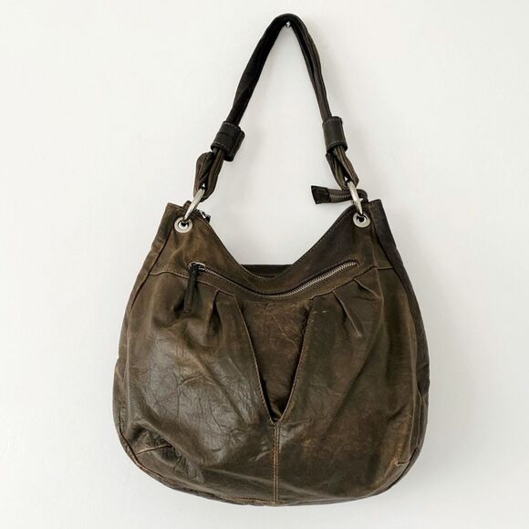 TANO Distressed Leather Olive Green Hobo Bag Slouchy Many Pockets Boho Urban - Picture 1 of 11